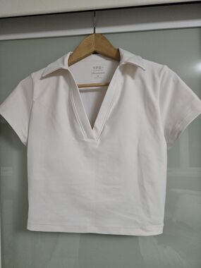YPB White Collared V-Neck Crop Top